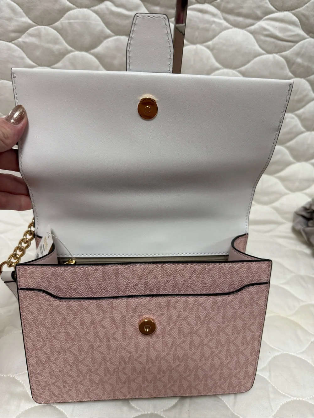 Michael Kors Blush Pink & White Leather Shoulder Bag with Gold MK Accent